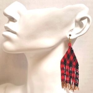 New ANTHRO Black  & Red Fringe beaded dangle earrings